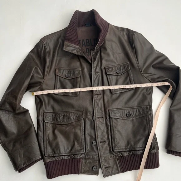 Gap men’s brown genuine leather bomber jacket with ribbed collar / L - Picture 8 of 11